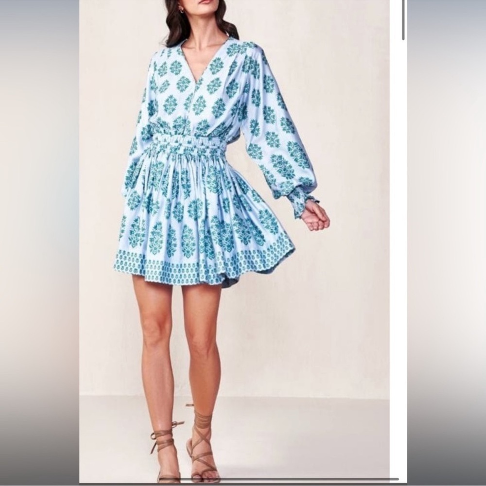 OMIKA Adele Mini Dress XS Blue Green Floral Smocked Boho Resort 100% Modal